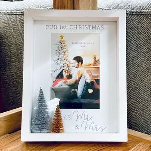NWT Sheffield Home White wood 4”x6” Our first Christmas as Mr & Mrs w/ 3D Trees